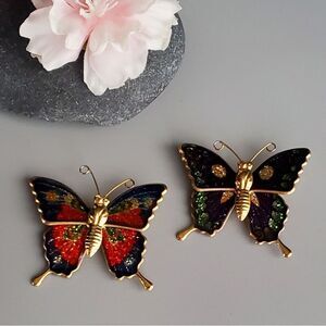 VINTAGE RARE Enamel Butterfly Pin Brooch Set Colorful Made in Taiwan 1.25 Inches
